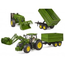 John Deere 7R con caricatrice frontale e rimorchio con assi tandem - Bruder 03155